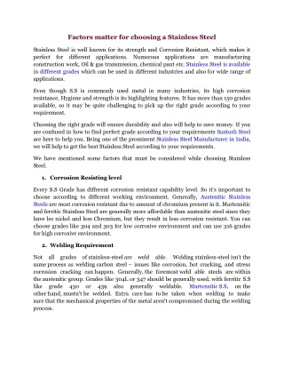 factors matter for choosing a stainless steel