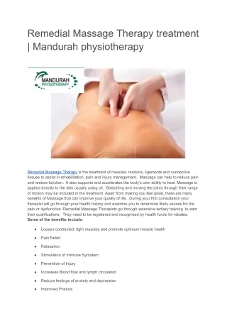 Remedial Massage Therapy treatment | Mandurah physiotherapy
