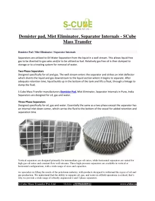 Demister pad, Mist Eliminator, Separator Internals - SCube Mass Transfer