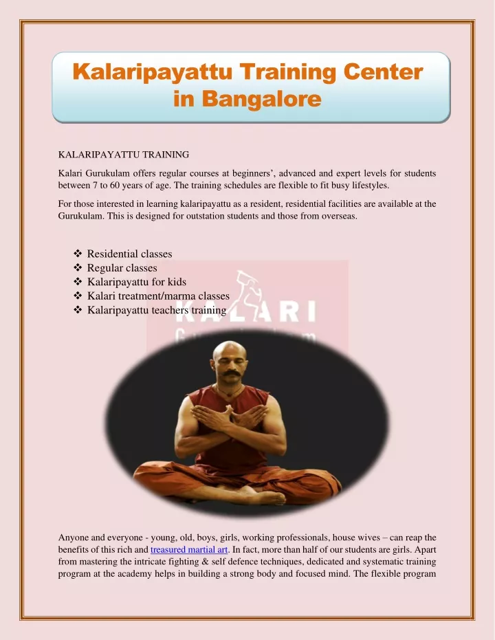 kalaripayattu training center in bangalore