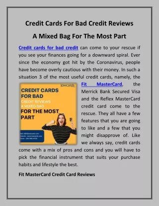 Credit Cards For Bad Credit Reviews A Mixed Bag For The Most Part