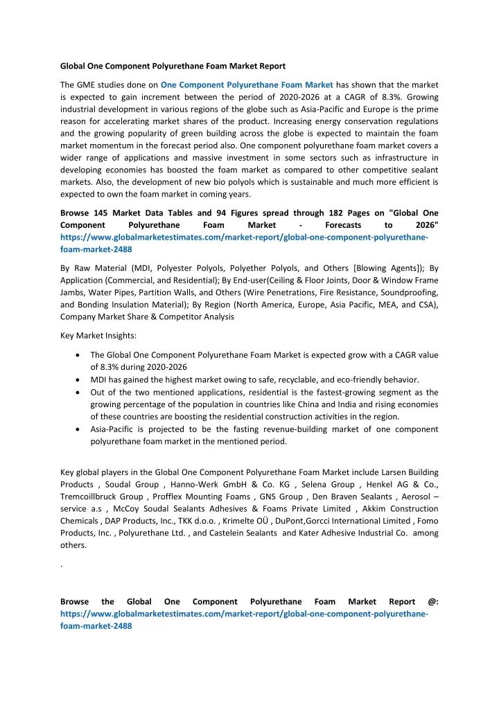 global one component polyurethane foam market