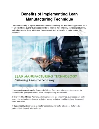 Benefits of Implementing Lean Manufacturing Technique