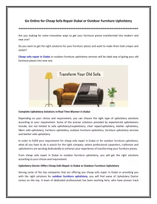 Go Online for Cheap Sofa Repair Dubai or Outdoor Furniture Upholstery