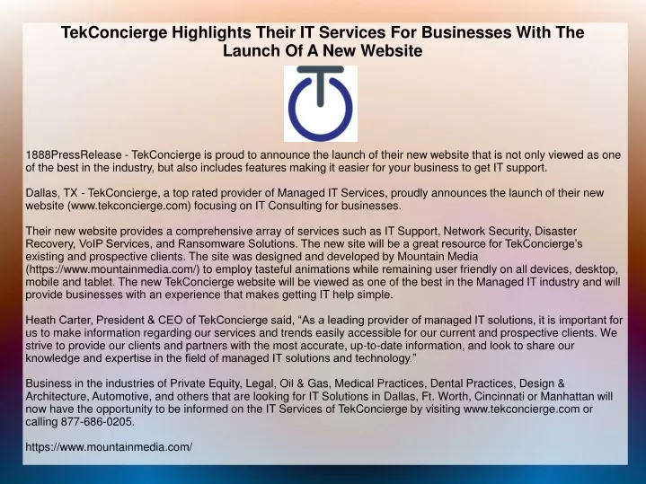 tekconcierge highlights their it services for businesses with the launch of a new website