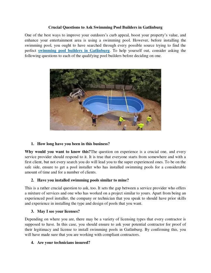 crucial questions to ask swimming pool builders