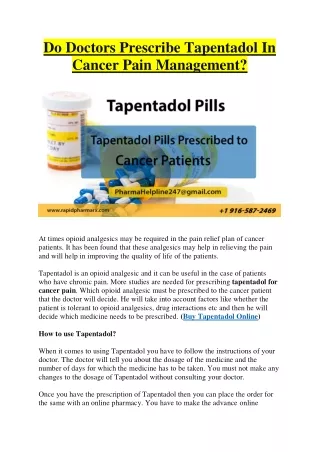 Do Doctors Prescribe Tapentadol In Cancer Pain Management?
