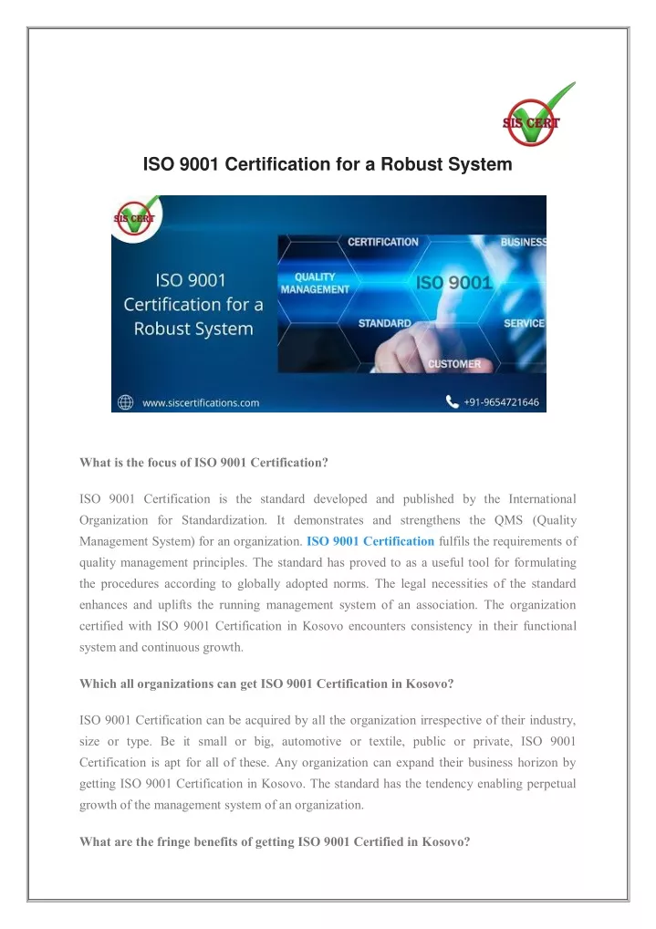 iso 9001 certification for a robust system