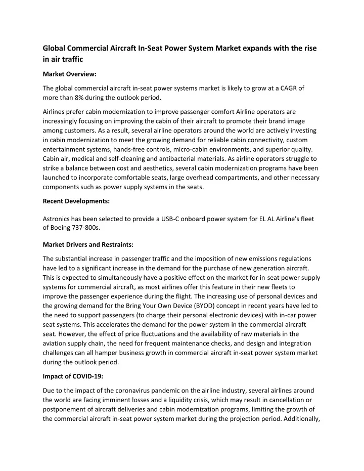 global commercial aircraft in seat power system