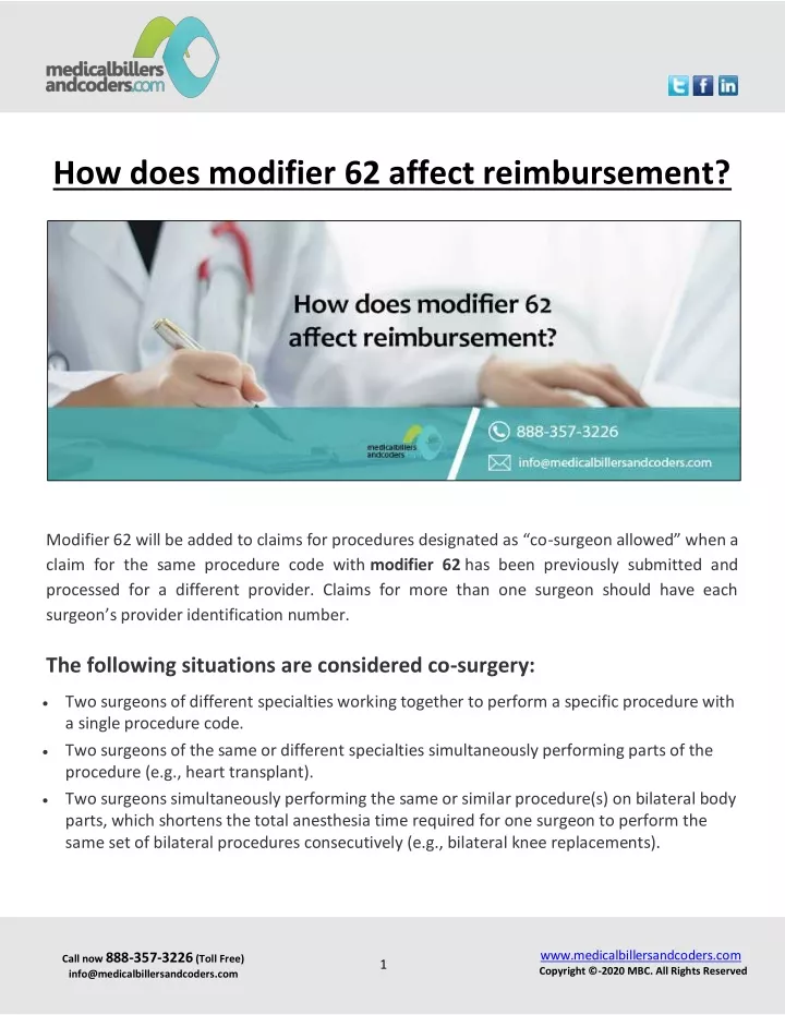 how does modifier 62 affect reimbursement
