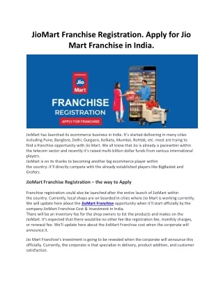 JioMart Franchise Registration. Apply for Jio Mart Franchise in India.