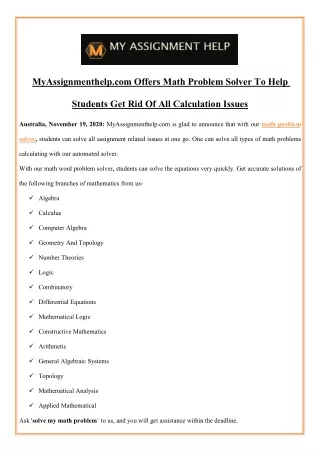 myassignmenthelp com offers math problem solver