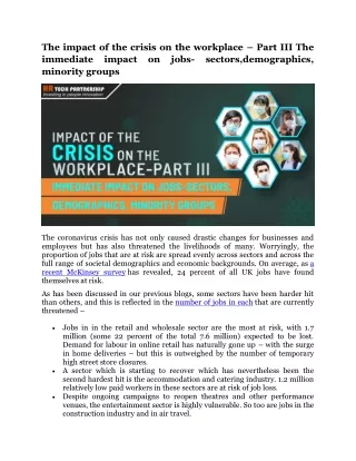The impact of the crisis on the workplace – Part III The immediate impact on jobs- sectors,demographics, minority groups