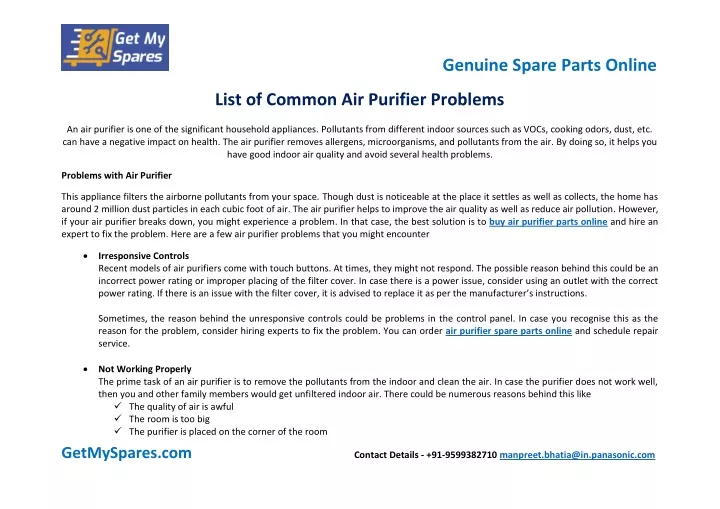 list of common air purifier problems