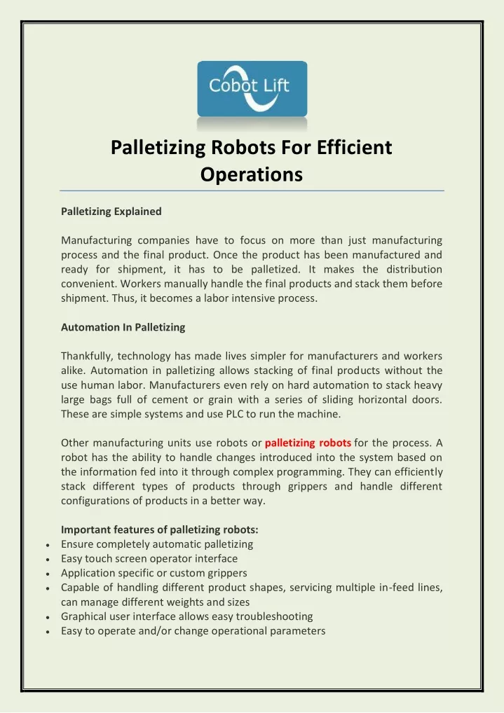 palletizing robots for efficient operations