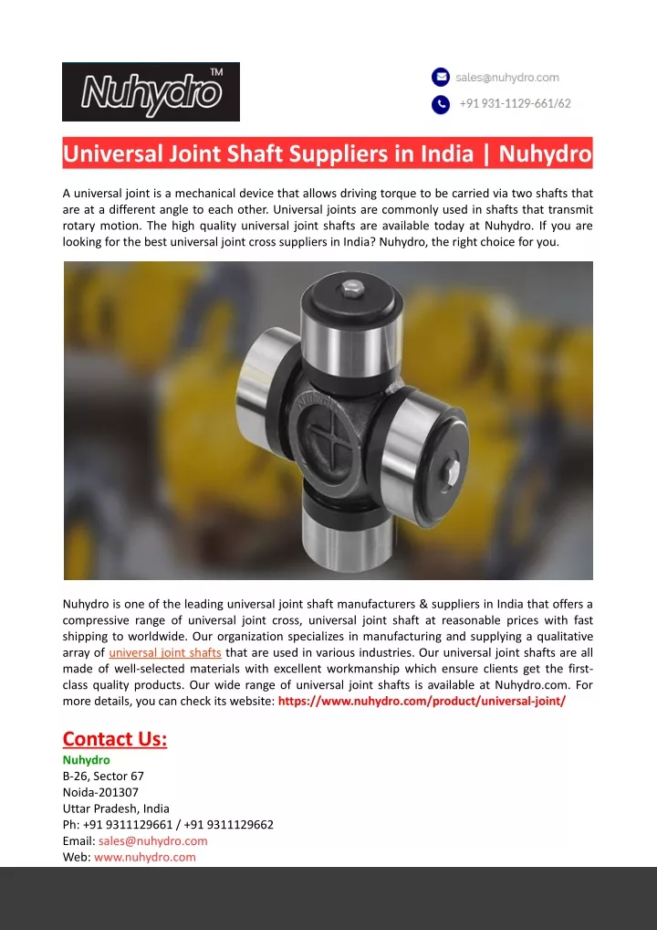 universal joint shaft suppliers in india nuhydro