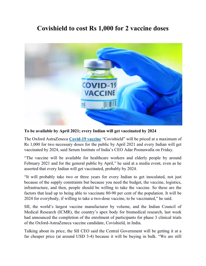 covishield to cost rs 1 000 for 2 vaccine doses