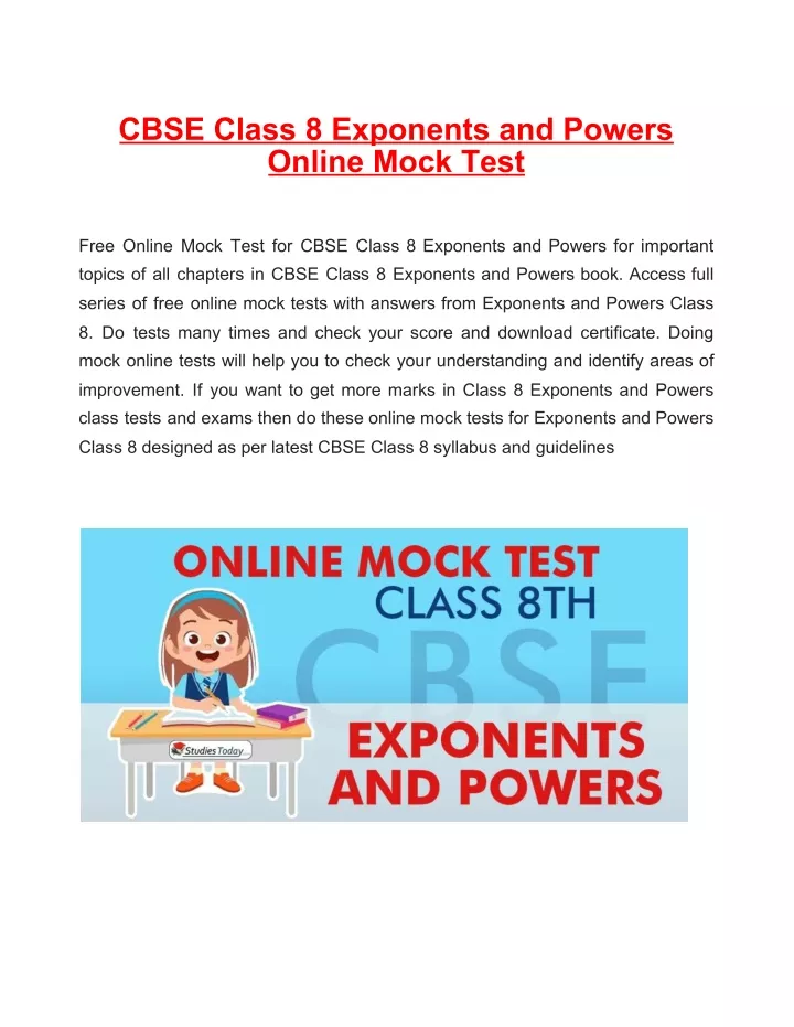 cbse class 8 exponents and powers online mock test