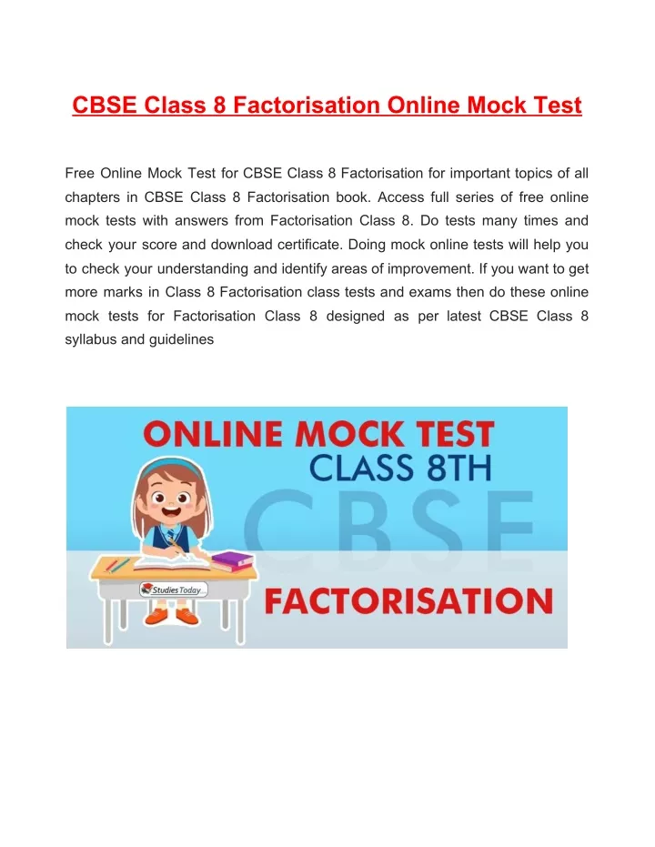 cbse class 8 factorisation online mock test