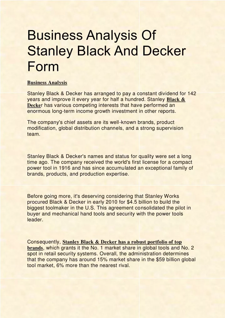 business analysis of stanley black and decker form