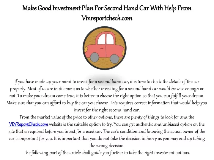 make good investment plan for second hand
