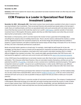 CCM Finance is a Leader in Specialized Real Estate Investment Loans