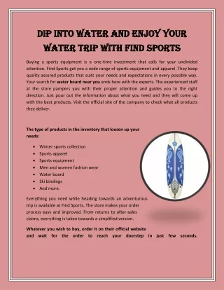 Dip Into Water and Enjoy Your Water Trip with Find Sports