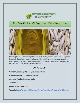 Rice Bran Cooking Oil Exporters | Pattabhiagro.com