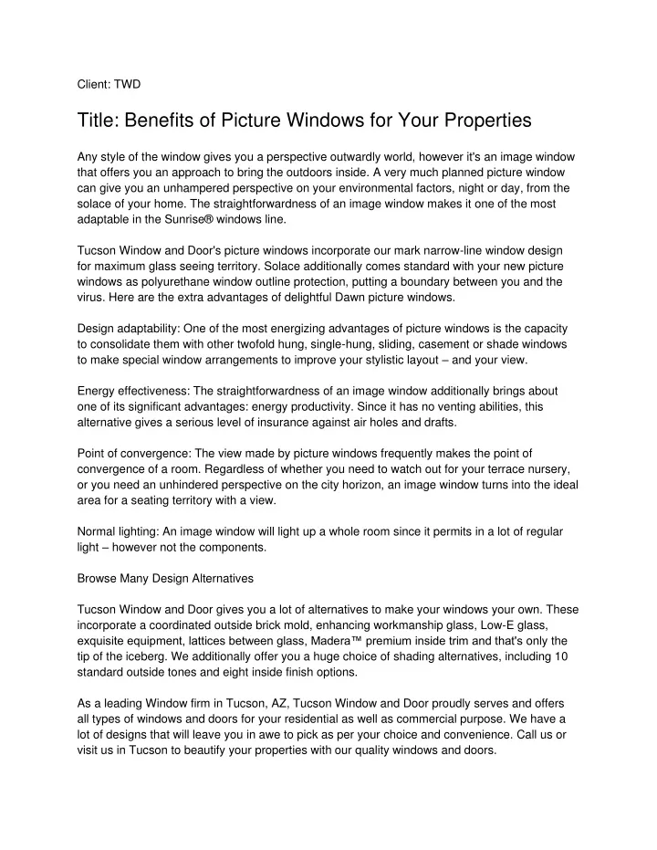 client twd title benefits of picture windows
