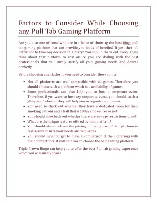 Factors to Consider While Choosing any Pull Tab Gaming Platform