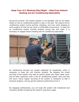 Keep Your AC Working DayNight – Help from Ontario Heating and Air Conditioning Specialists