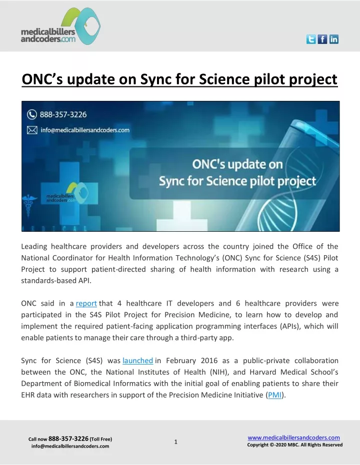 onc s update on sync for science pilot project