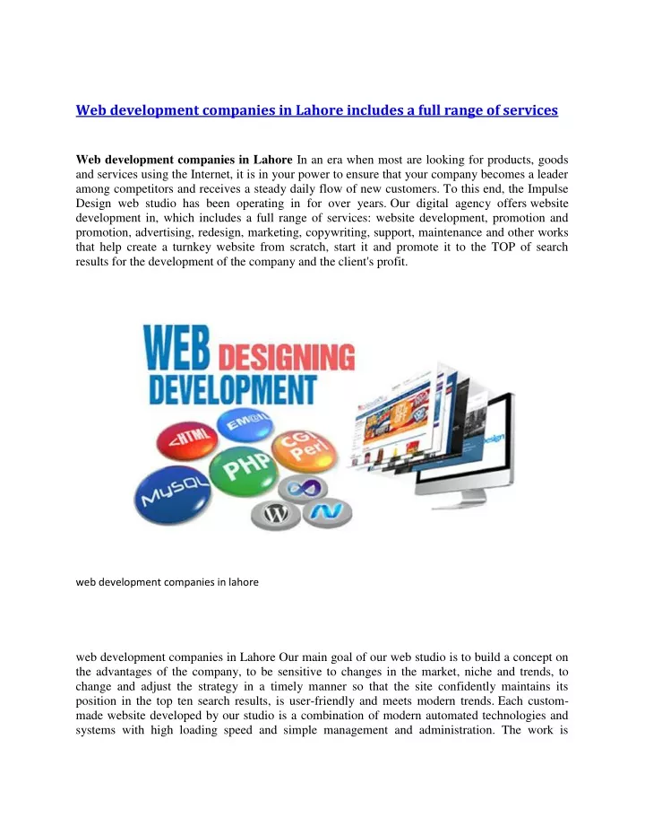 web development companies in lahore includes