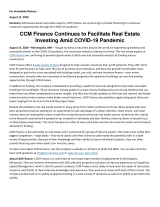 CCM Finance Continues to Facilitate Real Estate Investing Amid COVID-19 Pandemic