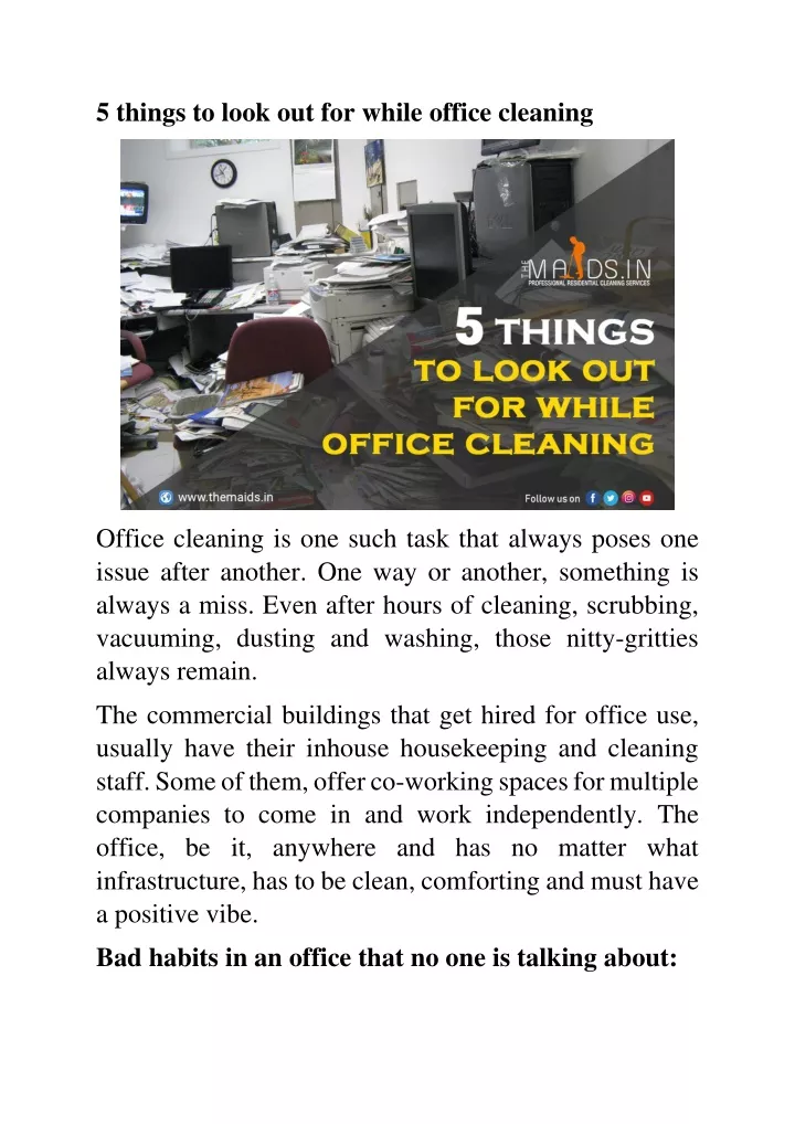 5 things to look out for while office cleaning