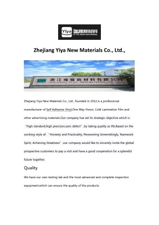 Zhejiang Yiya New Materials Co.,Ltd.,