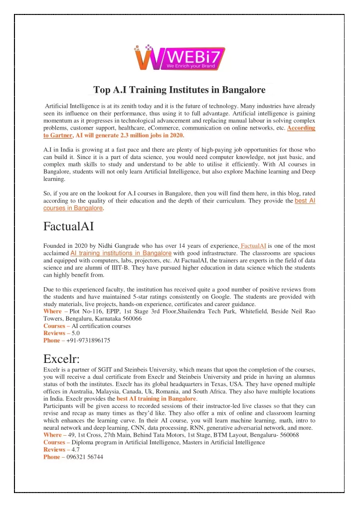 top a i training institutes in bangalore