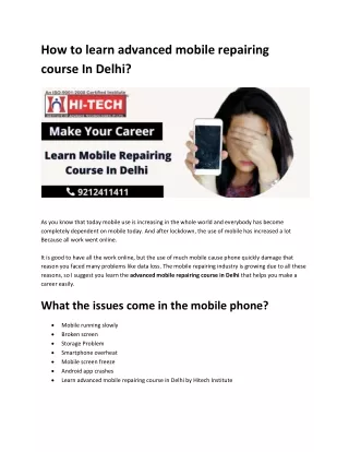 Advanced Mobile Repairing Course In Delhi