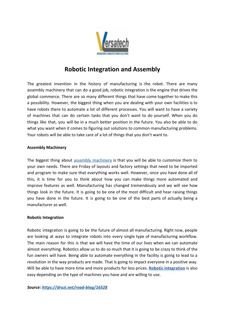 robotic integration and assembly