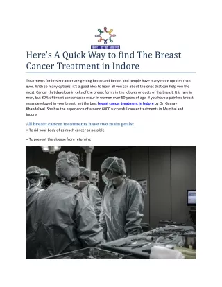 Here's A Quick Way to find The Breast Cancer Treatment in Indore