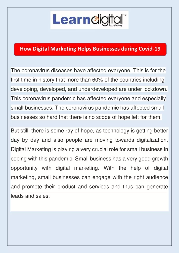 how digital marketing helps businesses during