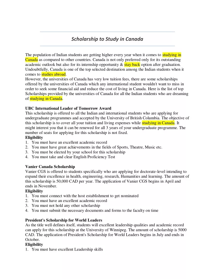 scholarship to study in canada