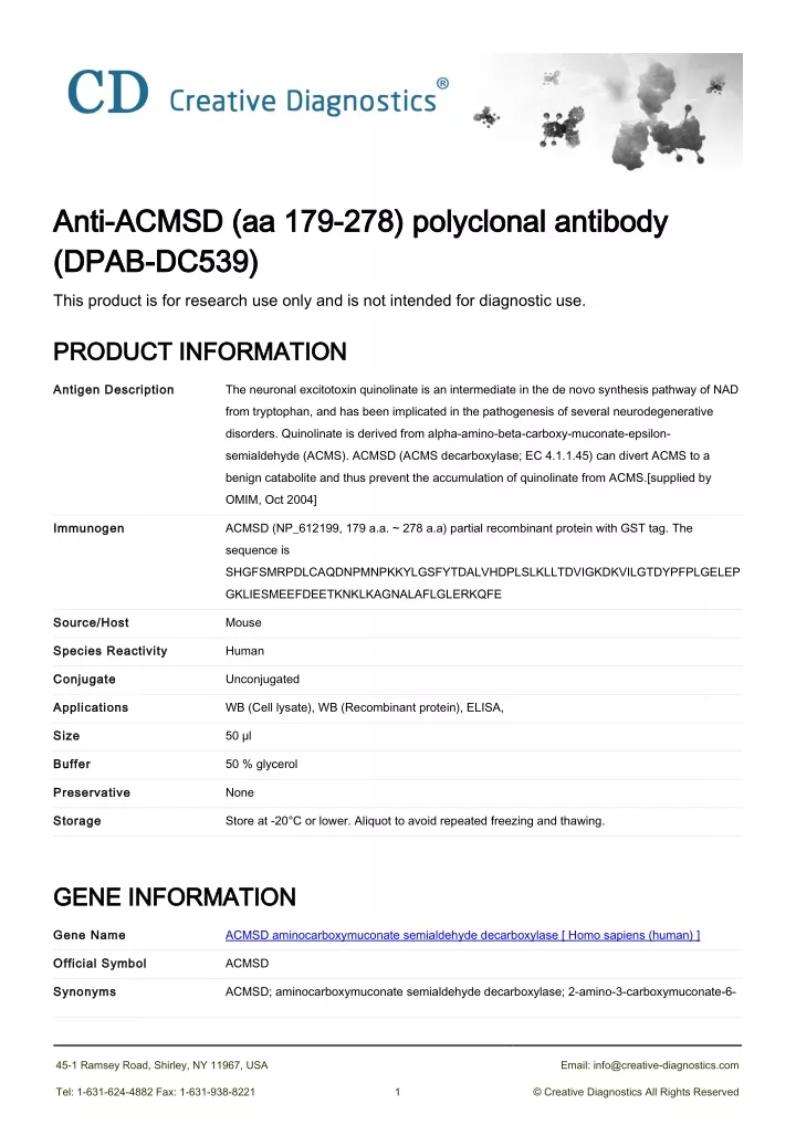 anti acmsd aa 179 278 polyclonal antibody anti