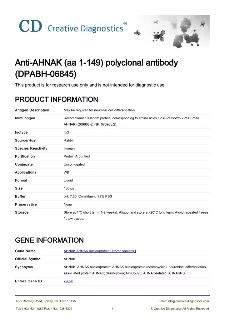 anti ahnak aa 1 149 polyclonal antibody anti