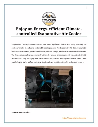 Enjoy an Energy-efficient Climatecontrolled Evaporative Air Cooler