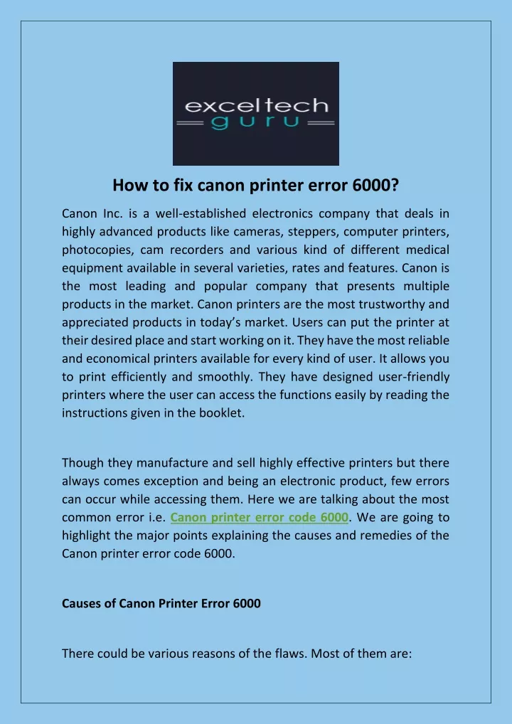 how to fix canon printer error 6000
