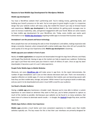 Reasons to have Mobile App Development for Wordpress Website