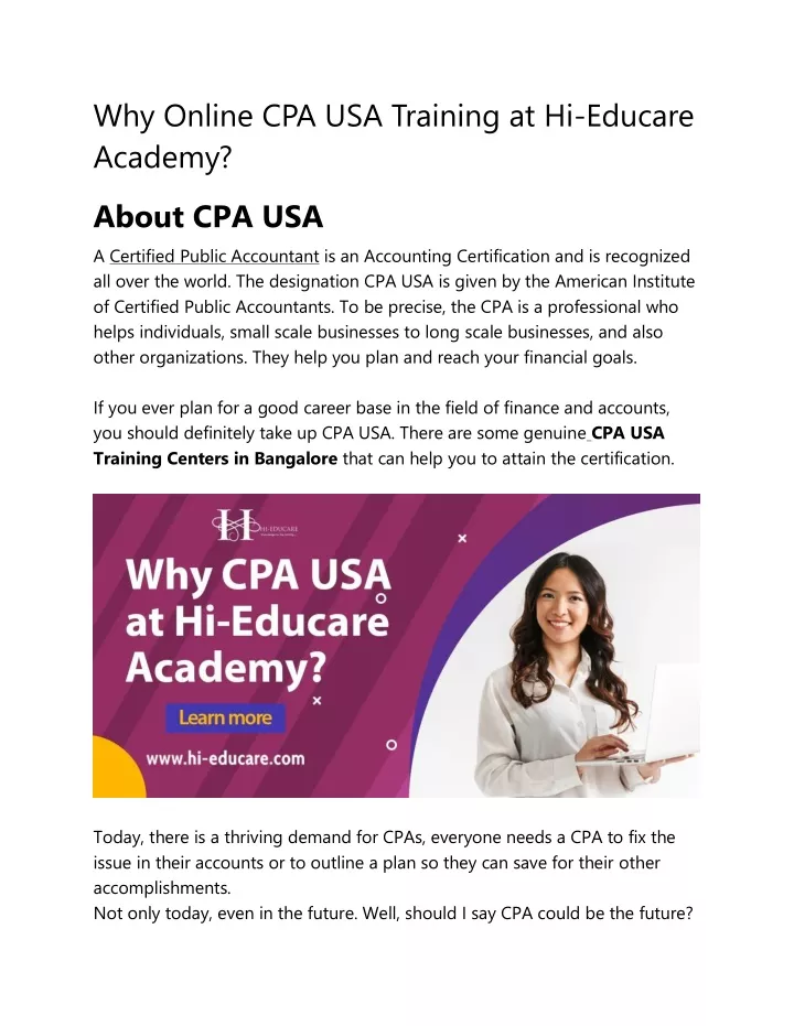 why online cpa usa training at hi educare academy