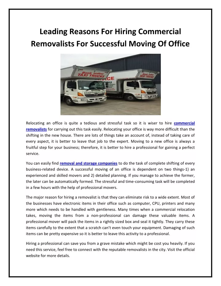 leading reasons for hiring commercial removalists