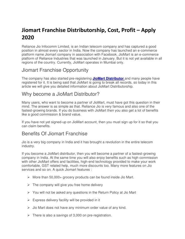 jiomart franchise distributorship cost profit
